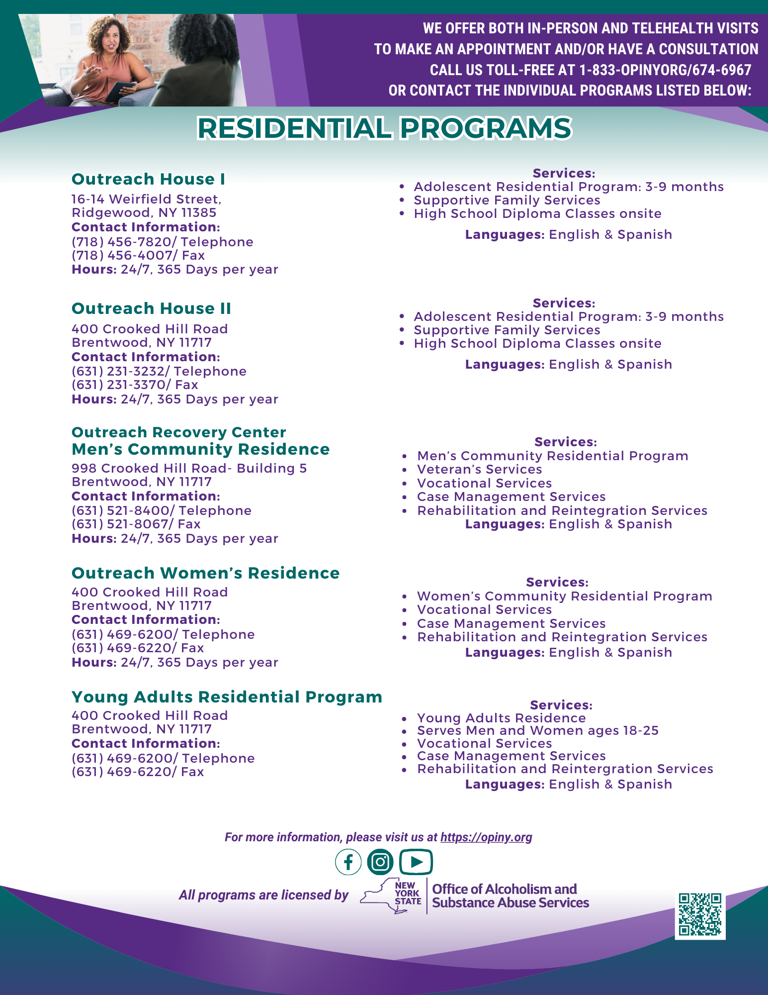 List of our Residential Programs, Services Offered, and Contact Information